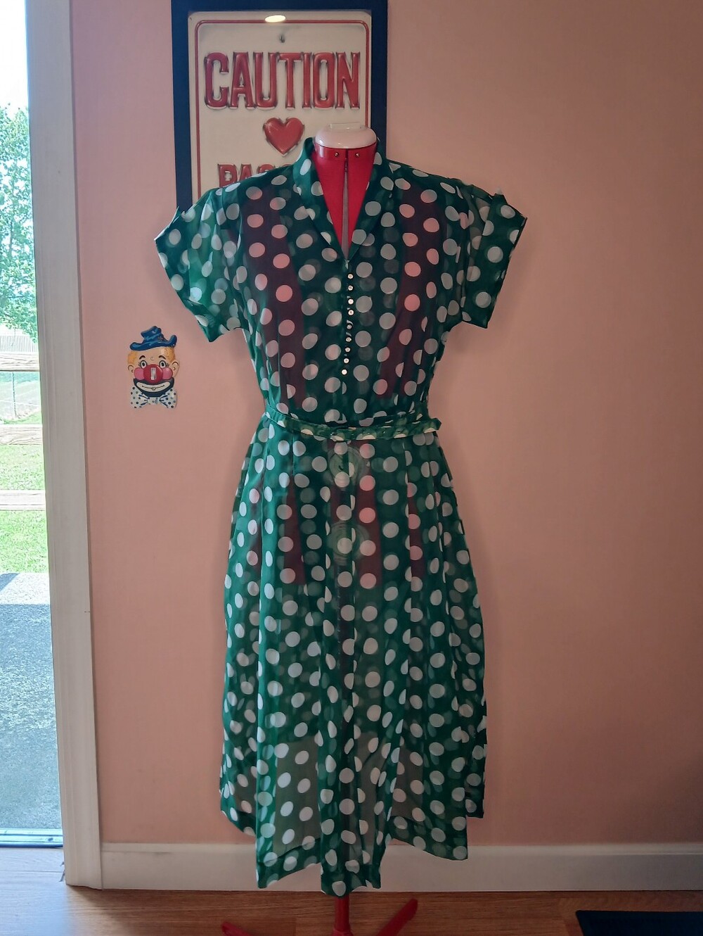 Sheer Green And White Polka-Dot 1950s Housewife Dress With Diamond Buttons
